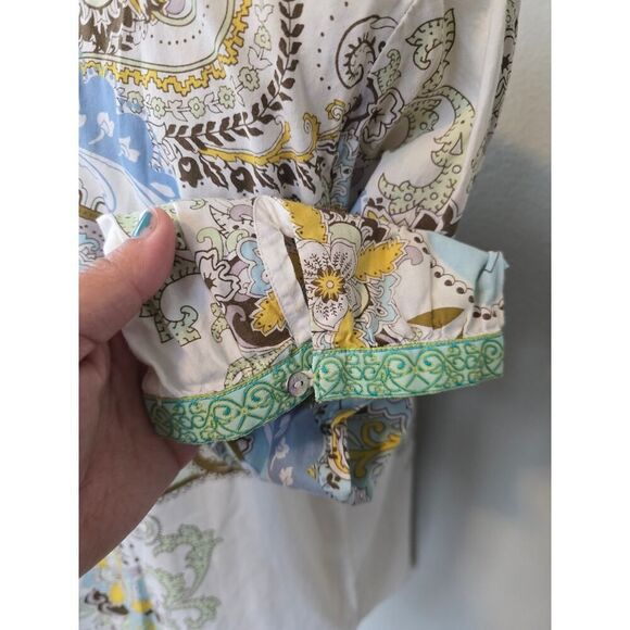 Boho Paisley Print & Knit Flowers Cotton Tunic Top 3/4 Sleeve Size L-M Artsy - Picture 5 of 8